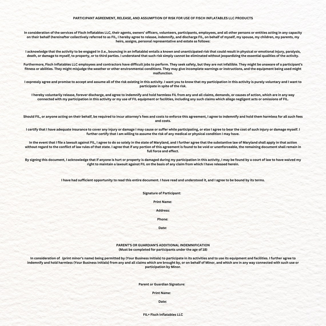 Bounce House Liability Waiver Form, Microsoft Word Template, Business