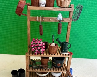 1:12 scale oak Potting bench. Plenty of room for all your gardening supplies. Potting bench ONLY. Miniatures not included