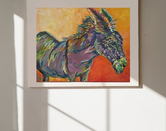 May include: A colorful painting of a donkey with a purple, green, and yellow coat. The donkey is looking to the right and has a bright orange background.