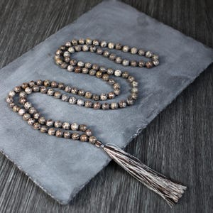Natural Snowflake Obsidian Mala Necklace, 108 Mala Beads Knotted Tassel Necklace, 108 Japa Mala, Black Obsidian Mens Necklace, Root Chakra