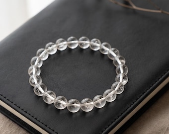 Natural Clear Quartz Beaded Bracelet, Minimalist Crystal Gemstone Jewelry