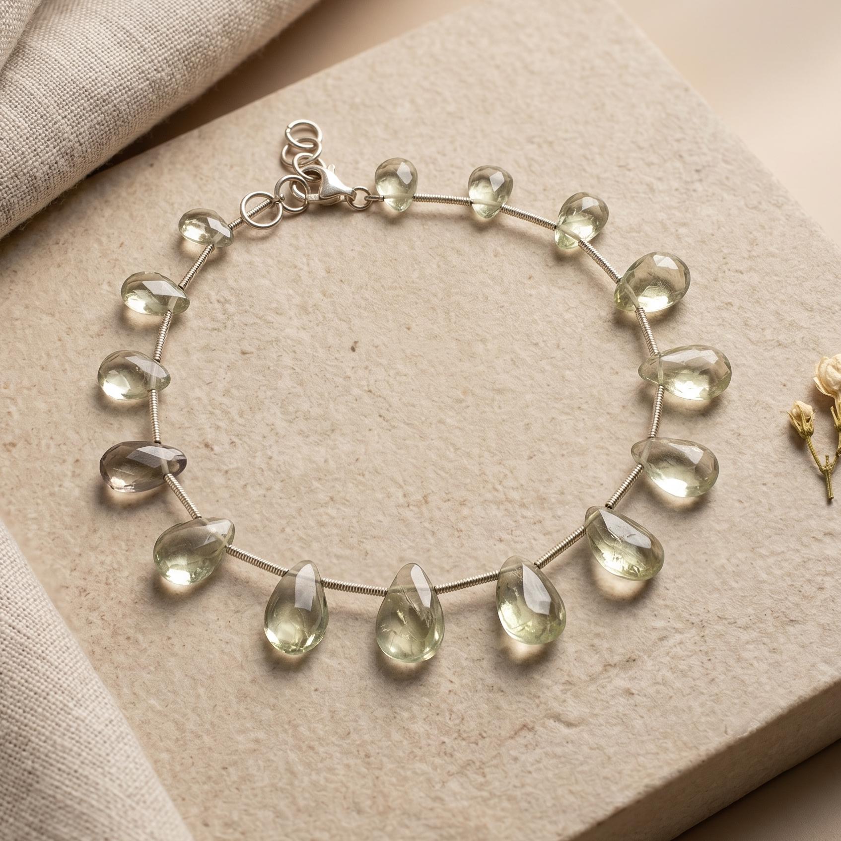 Handmade Green Amethyst Anklet - Prasiolite Crystal Foot Jewelry - Minimalist Boho Beach Anklet for Women
