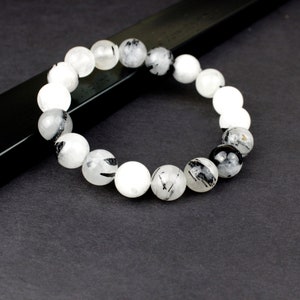 Black Rutile Quartz Bracelet: Rainbow Inclusions, Elastic Gemstone Beads