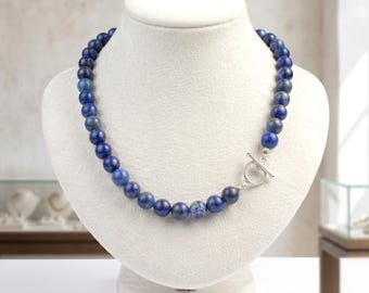 Blue Lapis Lazuli Beaded Necklace: Natural Stone Jewelry 10mm