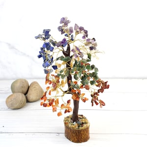 Può includere: Un albero di cristallo colorato con una base in legno marrone. L'albero è fatto di varie pietre preziose, tra cui ametista, lapislazzuli e quarzo trasparente. L'albero è un simbolo popolare del Feng Shui per la buona fortuna e la prosperità.