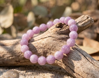 Natural Kunzite Beaded Bracelet, Heart Healing Gemstone Jewelry (8-12mm)