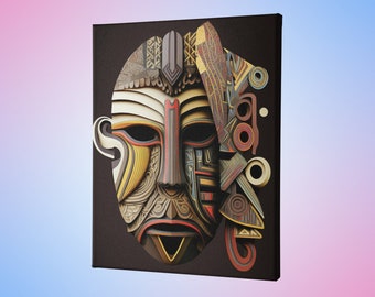 African Mask on Canvas I, 12x12, 16x16, 16x20 18x24, Tribal Chief Mask, African American Decor, African Prints, Black, African Art, Masque