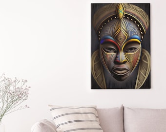 African Mask on Canvas III v2, 18x24 or 24x36 inch on Canvas, African Art, Yoruba, Wall Art, African American Art, Tribal Art, Ethnic Decor