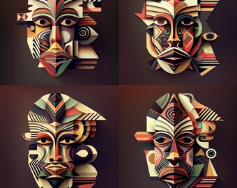 Digital African Masks (4 qty) - download, Printable Wall Art, Digital Downloadable African Art, 6000x6000, 4 High Resolution Digital Files