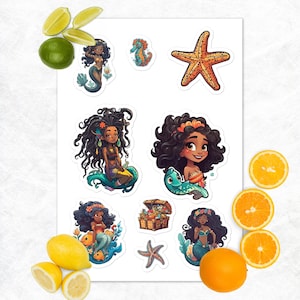 Autocollants sirène noire | Magie de la fille noire | Filles afro-américaines | Monde de rêve sous-marin | Autocollants fantaisie