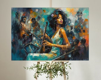 Jazzmuziek muurkunst Afro-Amerikaanse kunst groot canvas eetkamer decor abstract schilderij cadeau Afrikaanse kunst zwarte vrouw 24 x 36, 18 x 24, 12 x 16