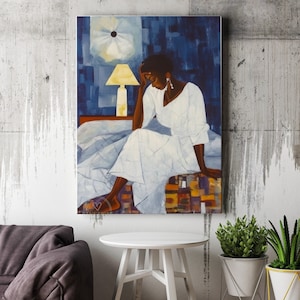 Strength in Solitude: 24x36 Large Canvas Art Gallery Wrapped on Wood Frame  Black Woman Reflecting on  Life in Elegant, African Art Blue