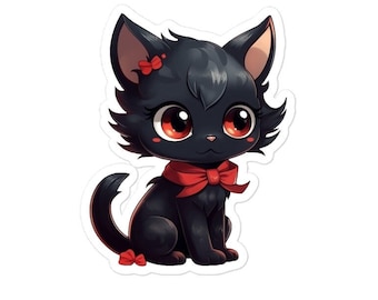 Cute Black Cat Sticker Sheet | Red Bow Vinyl Stickers