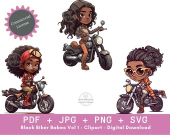 Schwarze Biker Babes Clipart African American Girl Power Grafiken, starke und wunderschöne Motorrad Frau Illustrationen, digitaler Download SVG PNG