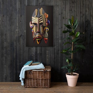 African Mask on Canvas VII, 24x36,  Handcrafted Tribal Wall Decor for Home/Office, Unique Ethnic Design, Cultural Statement Piece, Black Art