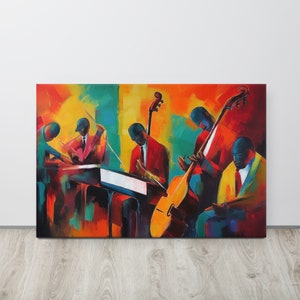 Harmonious Rhythms: Vibrant African Art, Black Art Jazz Band, Large Canvas Wall Art – A Soulful Fusion of Jazz Music & Culture Home Decor