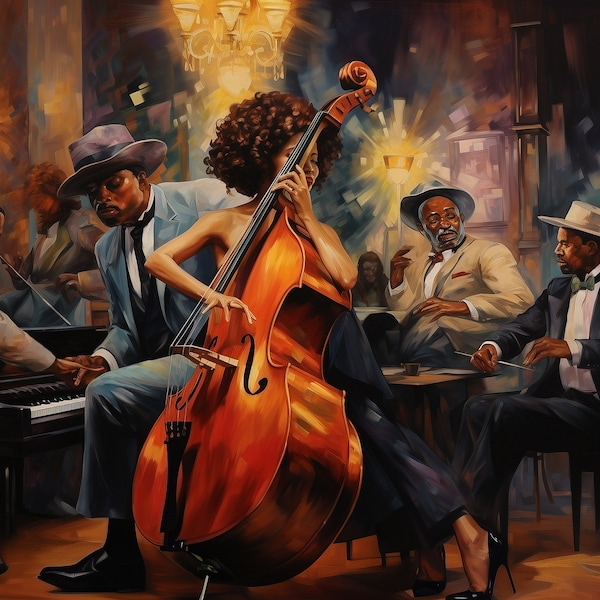 Acrylique vibrante de groupe de jazz - Culture noire, Musique afro-américaine, Femme guitariste, Toile montée sur bois, Décoration d'intérieur unique, Art noir