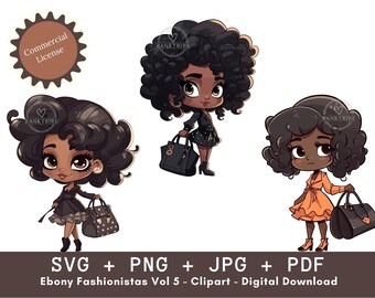 Ebony Fashionistas Vol 5 SVG + PNG Designer Brand Clothing Instant Download  Black Clipart Digital Art Natural Hair Clipart Nubian Clipart
