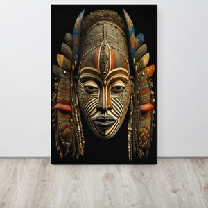 May include: A wooden mask with intricate details, featuring a human face with a black and white striped pattern, red and orange accents, and a blue and brown headdress.
