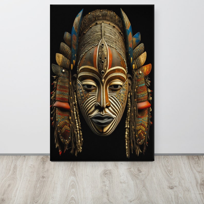 May include: A wooden mask with intricate details, featuring a human face with a black and white striped pattern, red and orange accents, and a blue and brown headdress.