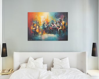 Harmonious Rhythms II: Lebhafte afrikanische Kunst, Schwarze Kunst Jazz Band, Große Leinwand Wandkunst – Eine gefühlvolle Verschmelzung von Jazz Musik & Kultur Wohnkultur
