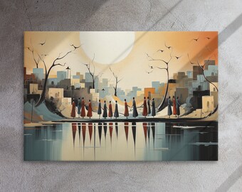 African River Ceremony at Sunset - Abstract Watercolor - Unity & Culture - Linen Canvas Wall Art Black Art on Canvas Village Family Meeting