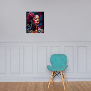 May include: A painting of a woman with dark skin and a flower crown. She is wearing a colourful patterned shirt and has large earrings. The background is a dark blue with splashes of colour.