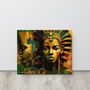 May include: A colorful abstract painting featuring two faces of African women. The woman on the left is in profile, while the woman on the right is facing forward. Both women are wearing elaborate headdresses and jewelry. The painting is done in a bold, graphic style with a mix of geometric shapes and patterns.