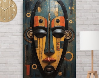 Authentic African Tribal Mask Canvas Art: Vibrant Gallery-Wrapped Wall Decor on Pine Wood Frame, Large Wall Art 24x36,  African Mask