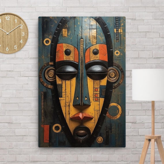 Authentic African Tribal Mask Canvas Art: Vibrant Gallery-wrapped