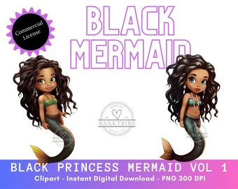 Black Princess Mermaid PNG Clipart - Adorable Sea Siren - Digital Download Black Woman Clipart Black Mermaid Scrapbooking Printable Stickers