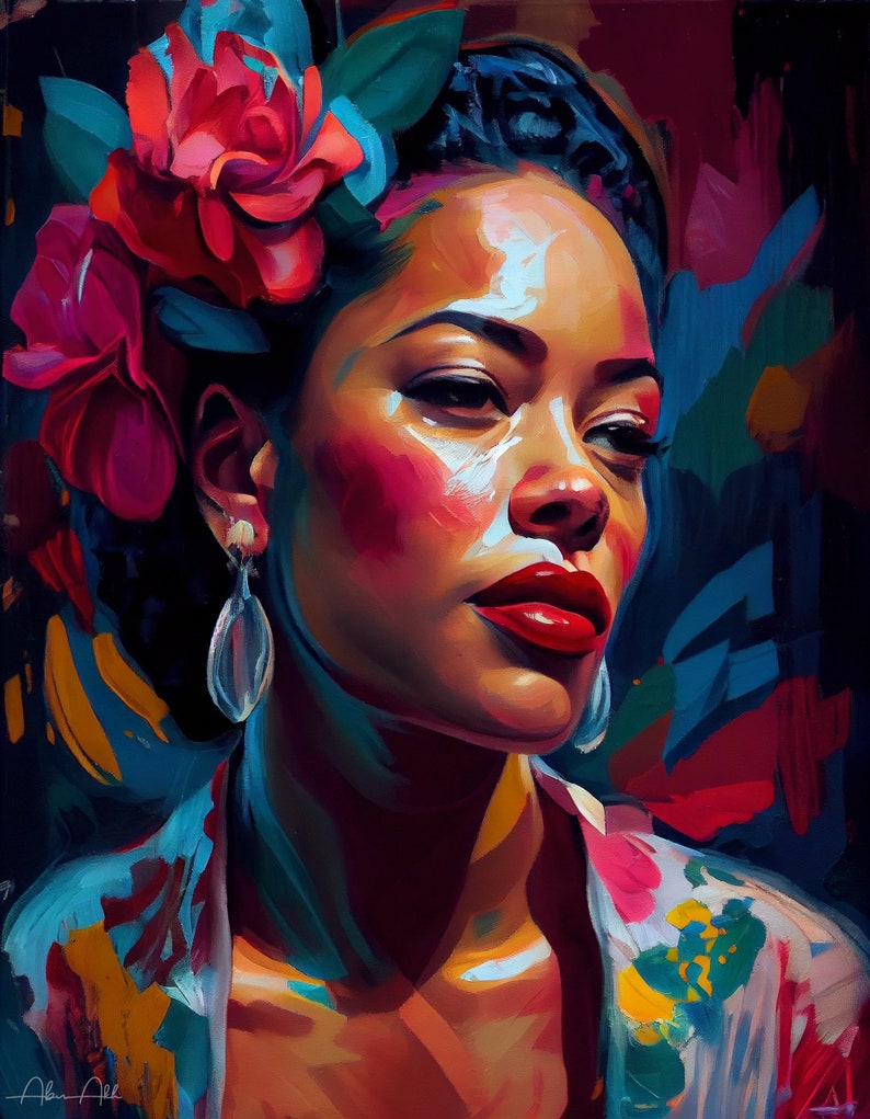 May include: A painting of a woman with dark hair and red lipstick. She is wearing a white blouse with floral patterns and a large red flower in her hair. The background is a vibrant mix of blue, red, and yellow.