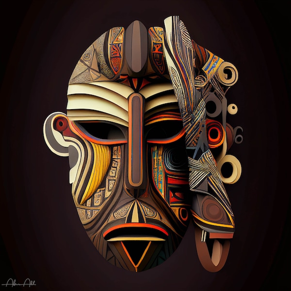 African Ceremonial Mask VII, Colorful Brown, Yellow, Red, Orange, Instant Digital Download, Hi-Res 6000x6000 300dpi