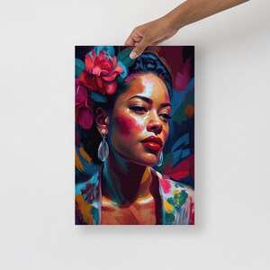 May include: A colourful portrait painting of a woman with a flower in her hair. The woman has dark skin, brown eyes, and red lips. The background is a vibrant mix of blue, red, and yellow.
