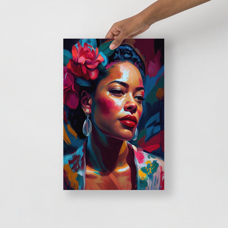 May include: A colourful portrait painting of a woman with a flower in her hair. The woman has dark skin, brown eyes, and red lips. The background is a vibrant mix of blue, red, and yellow.