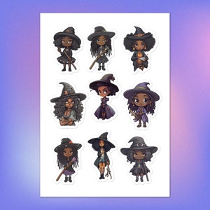 Schwarze Hexe Sticker Set | 9 Sticker | Niedliche Hexen | Hexerei Aufkleber | Wicca Aufkleber | Witchy Vibes