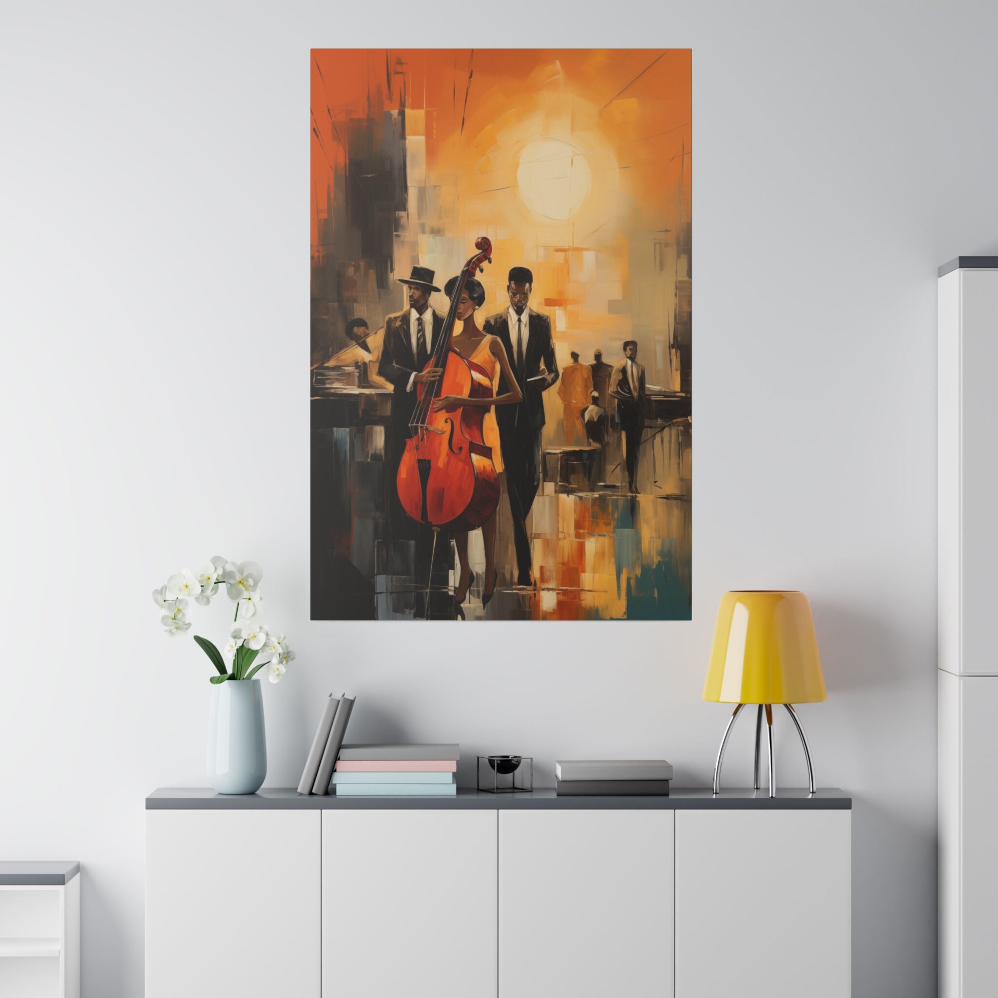 Renaissance Jazz Canvas Art: Elegant Black Woman Bassist With Band