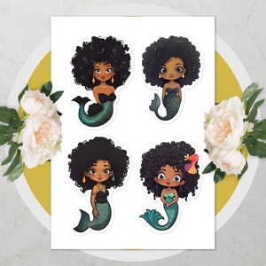 4 autocollants sirène noire | Sirène princesse afro-américaine | Autocollants Fantasy Dreamworld