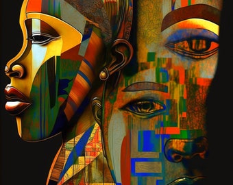 Abstract African Queens Canvas, Colorful Black Woman Art (16x20)
