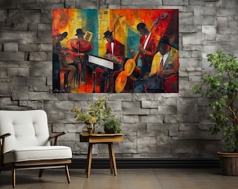 Harmonious Rhythms II: Vibrant African Art, Black Art Jazz Band, Large Canvas Wall Art – A Soulful Fusion of Jazz Music & Culture Home Decor