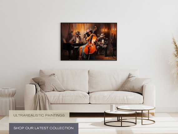 Vibrant Jazz Band Acrylic Art II - Black Culture, African American Music, Female Guitarist, Mounted Canvas, Unique Home Decor Black Art