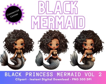 Schwarze Prinzessin Meerjungfrau PNG Clipart - Entzückende Seesirene - Digitaler Download Schwarze Frau Clipart Schwarze Meerjungfrau Scrapbooking druckbare Aufkleber