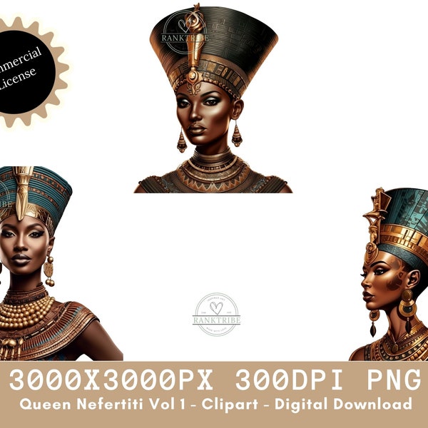 Black Queen Nefertiti (3 Digital Downloads) 3000x3000 300dpi African Art Queen of Egypt Black Woman Art PNG Black Queen PNG