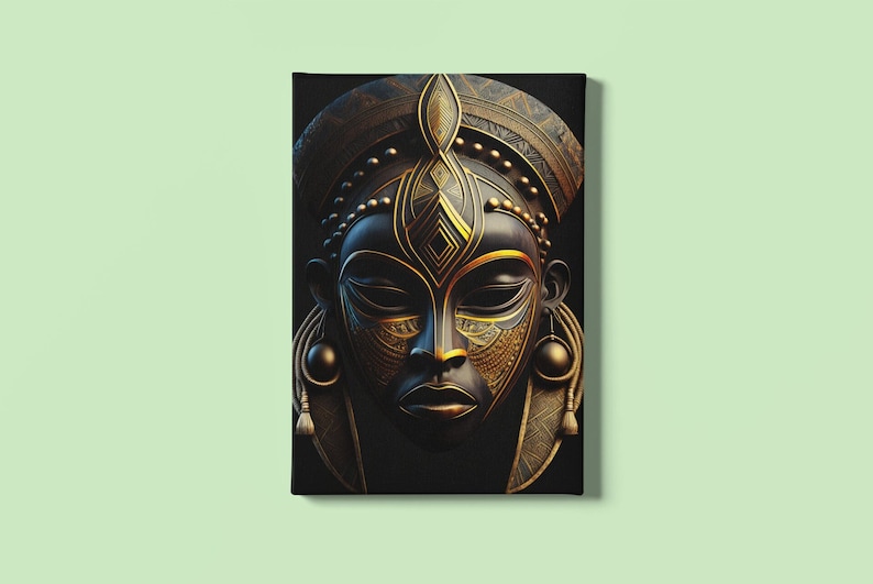 May include: A canvas print featuring a stylized African mask. The mask is predominantly black with intricate gold-colored details, including geometric patterns and beaded accents. The mask has closed eyes and a serene expression.