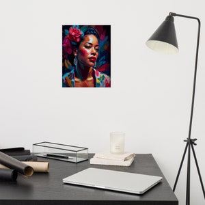 May include: A painting of a woman with dark hair and a flower crown. She is wearing a colourful patterned shirt and has a bright red lip. The background is a dark blue and green.