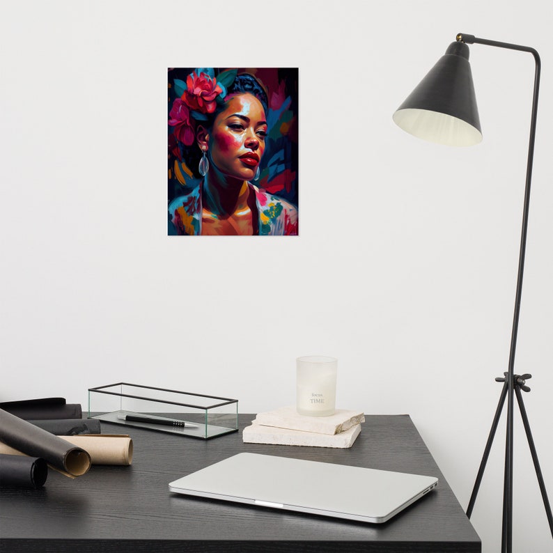 May include: A painting of a woman with dark hair and a flower crown. She is wearing a colourful patterned shirt and has a bright red lip. The background is a dark blue and green.
