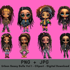 Urban Sassy Dolls Vol 1 : Cute Hip Hop Black Girls Clipart Set - JPG haute résolution & PNG, Téléchargement instantané, Ebony Fashion, Black Girl Magic