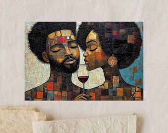 Afro-Mosaik genießen: Romantisches schwarzes Paar Weinkunst | Abstrakte Afro-inspirierte Leinwanddruck | Einzigartiges kreatives afrozentrisches Wohnkultur Geschenk