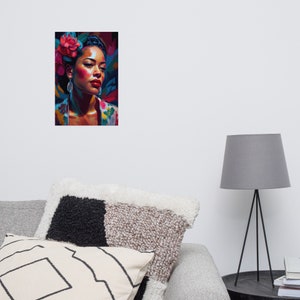 May include: A digital painting of a woman with dark skin, wearing a floral patterned shirt and a flower crown. Her hair is styled in a bun and she has a serious expression on her face.