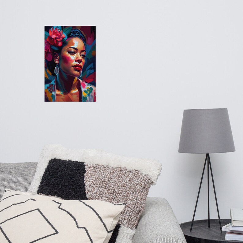May include: A digital painting of a woman with dark skin, wearing a floral patterned shirt and a flower crown. Her hair is styled in a bun and she has a serious expression on her face.